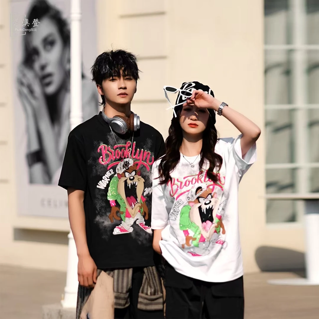 普澳登 夏季新款美式潮流百搭宽松彩绘动漫卡通情侣款休闲短袖T恤