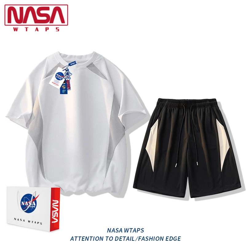 NASA WTAPS潮牌夏季冰丝运动T恤套装男生宽松弹力透气短裤两件套