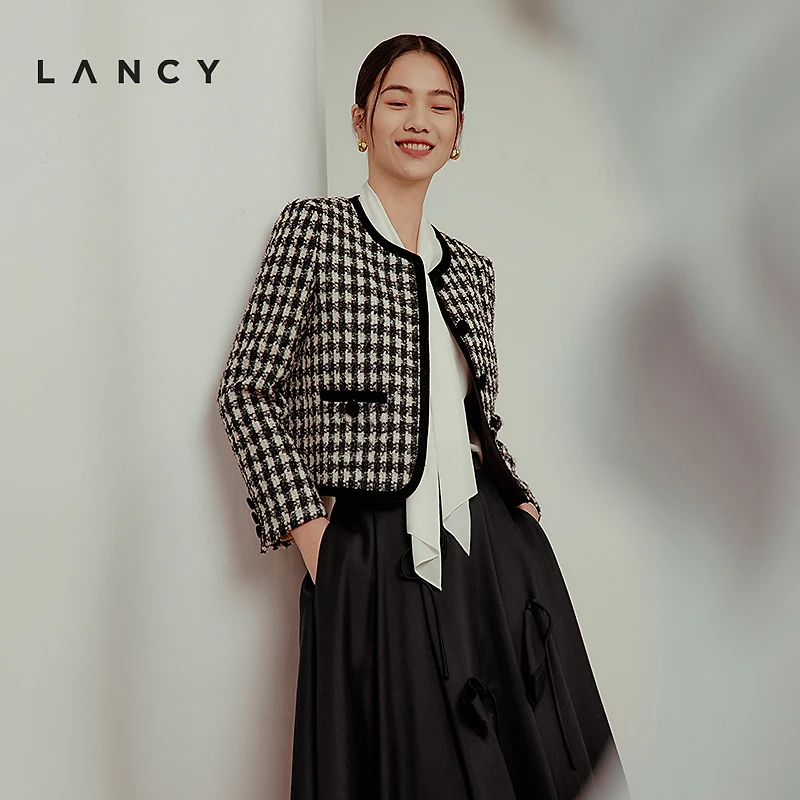 LANCY/朗姿2024秋季新款时尚羊毛粗花呢小香风外套千鸟格摩登上衣