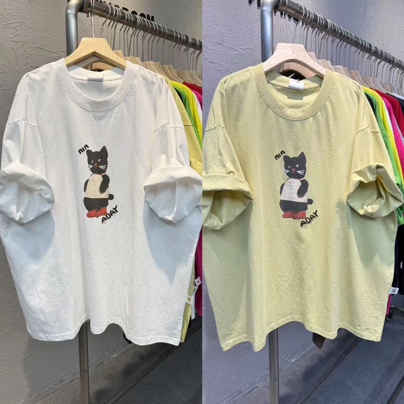 9106夏季新款韩版小胖猫印花字母刺绣宽松大版圆领短袖t恤女