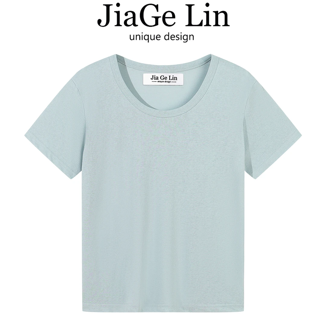 JiaGeLin法式设计感纯色圆领短袖T恤女夏季宽松时尚显瘦百搭上衣