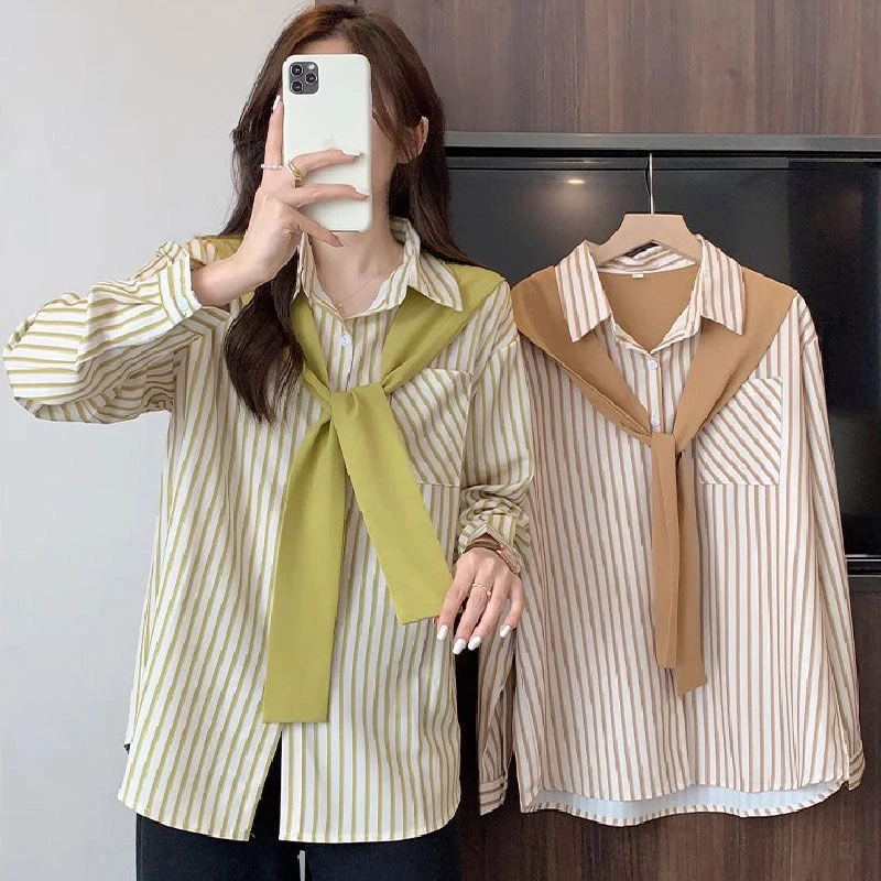 KALUOLAI/卡洛莱春秋款时尚披肩衬衣女宽松条纹衬衫上衣百搭长袖
