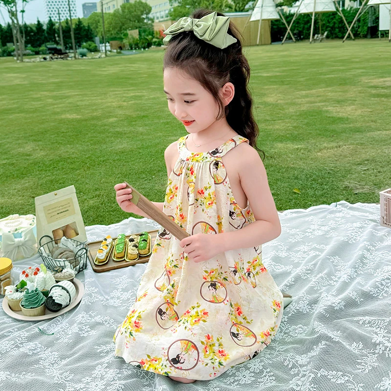 女童吊带裙夏季2025新款轻薄挂脖连衣裙儿童女宝宝洋气可爱公主裙