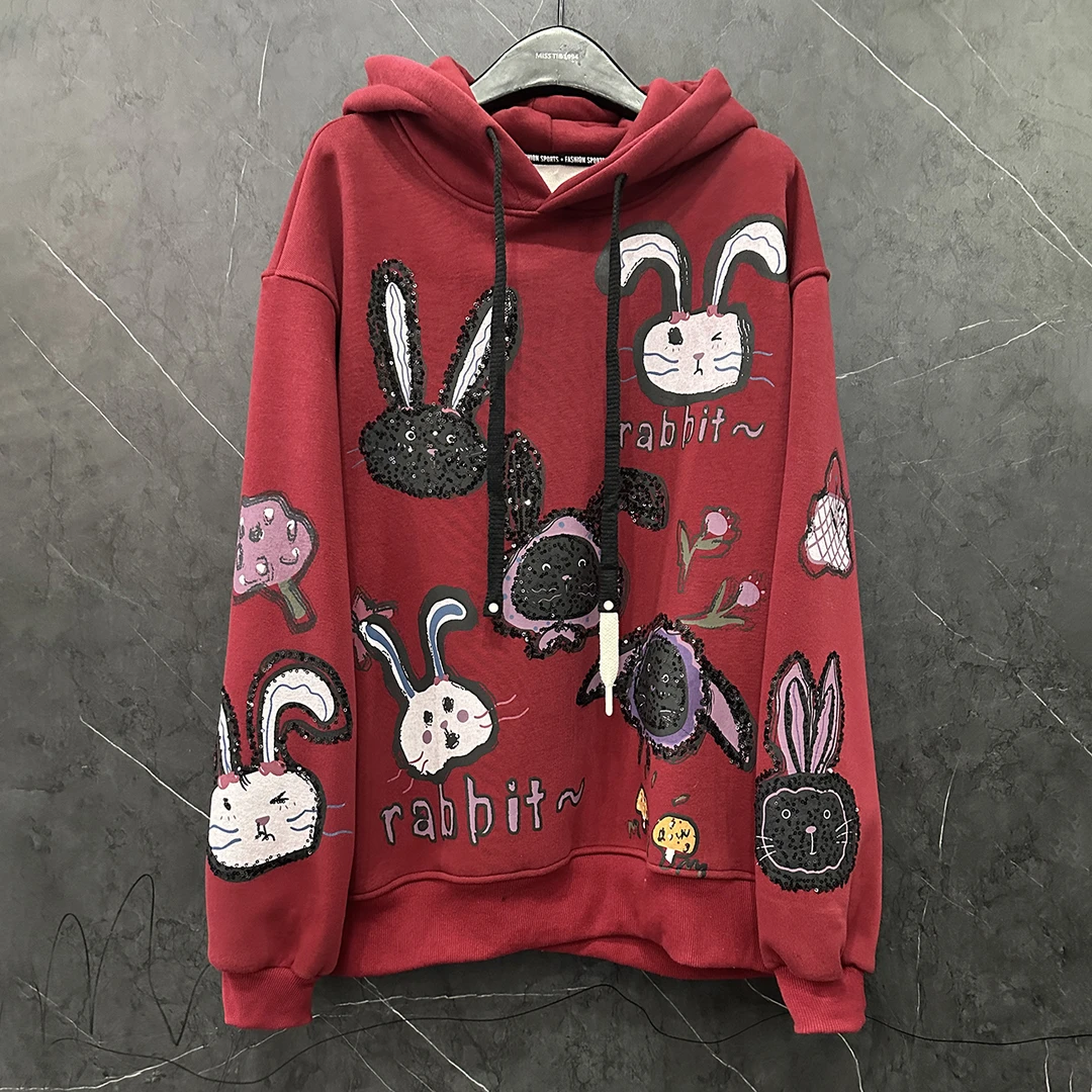 2024秋冬重工新款亮片印花小兔子加绒连帽卫衣宽松甜美风减龄上衣