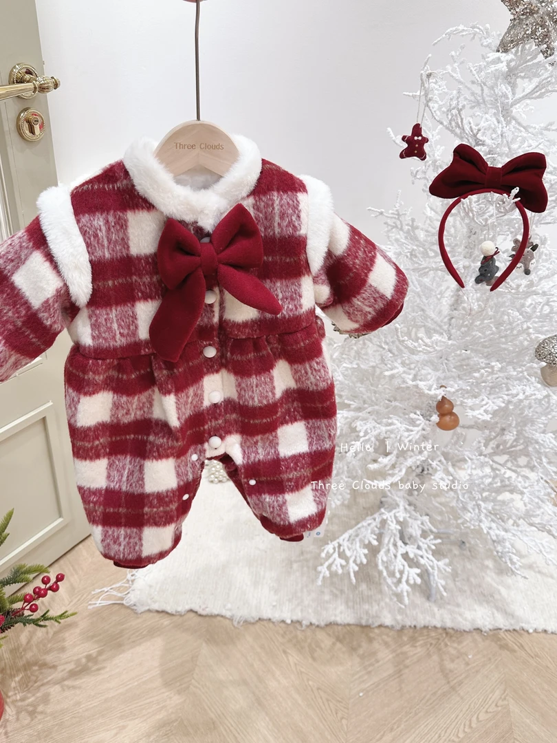三小朵2449婴儿女宝宝冬季连体衣气质格子小香夹棉冬款爬服幼儿