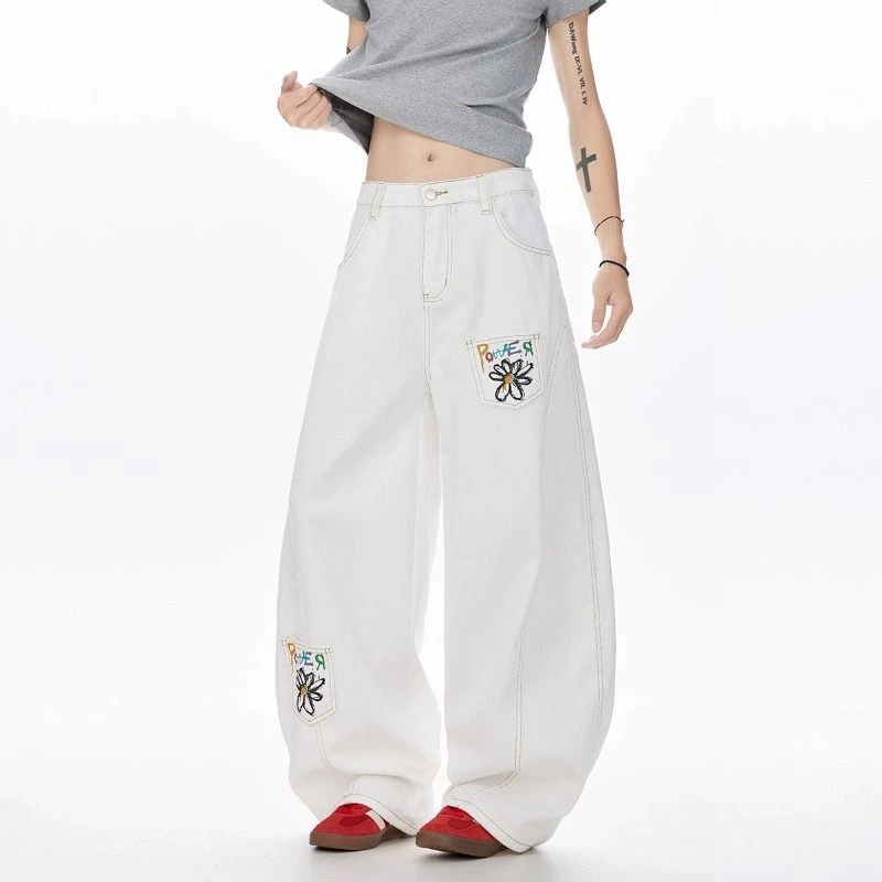 美式花卉印花明线弯刀牛仔裤女男夏季vintage宽松垂感阔腿休闲裤