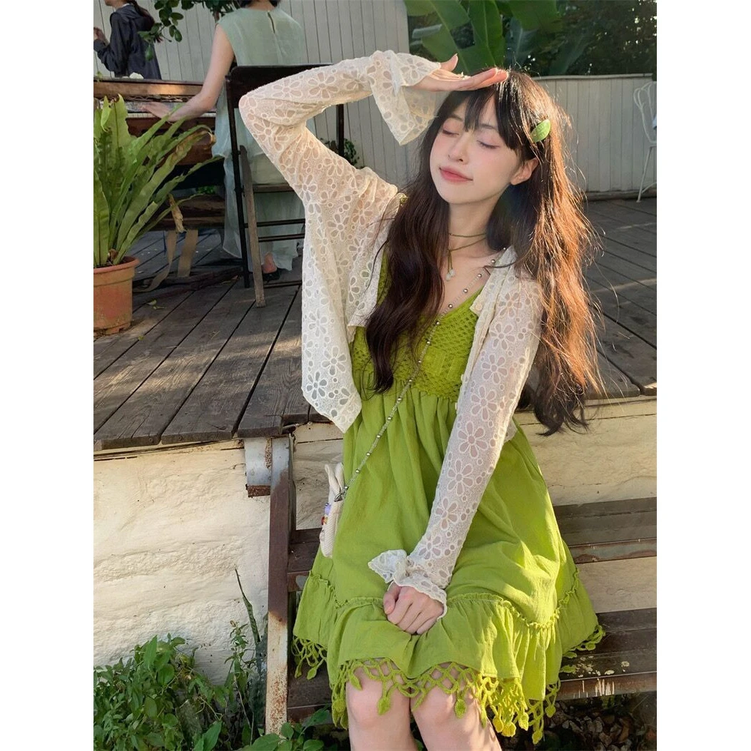 大码胖mm温柔风套装女薄款开衫+针织拼接设计感吊带裙两件套