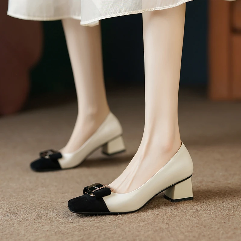 时尚舒适百搭女士浅口单鞋牛皮撞色方头中跟高3.5cm（4135） 已开价