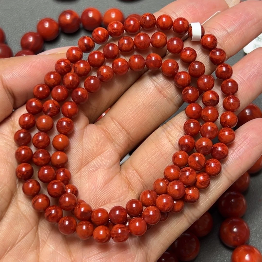南红玛瑙未镶嵌手串 玫瑰红妖火焰 约5.9mm 满妖