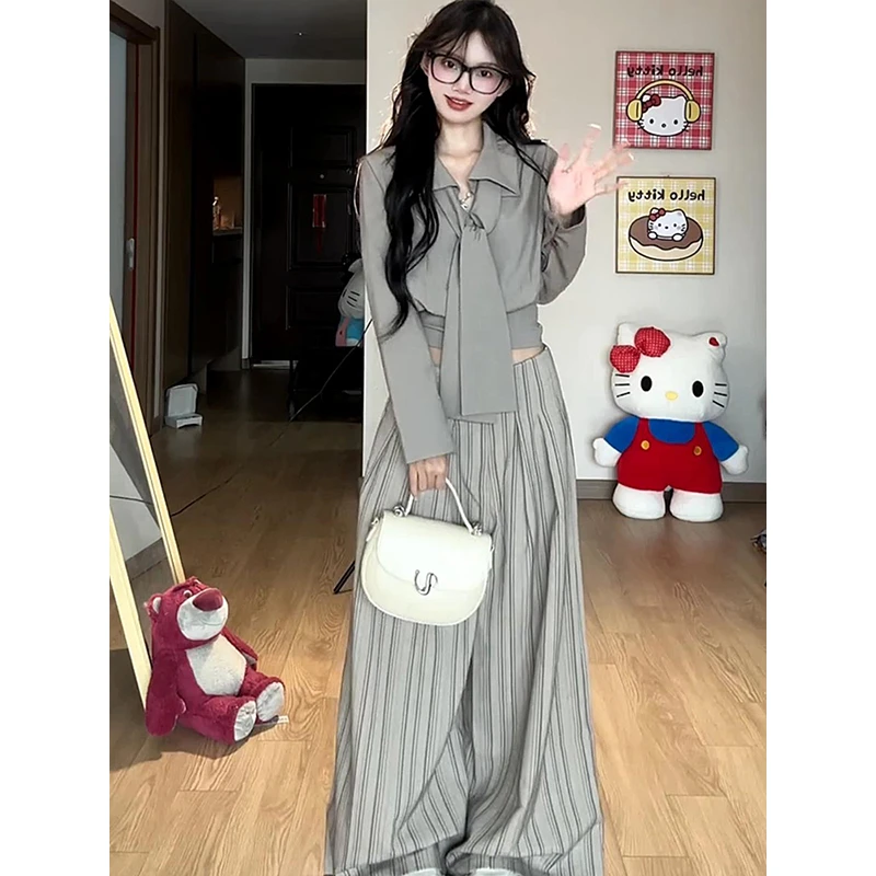 韩系高级感搭配一整套女早秋2025新款慵懒感长袖衬衫阔腿裤子套装