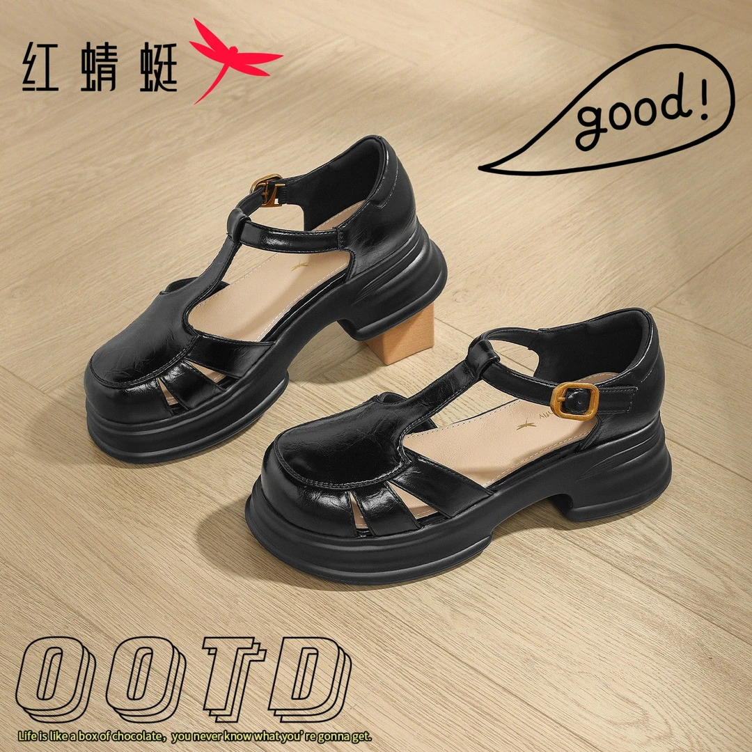 红蜻蜓复古透气包头凉鞋2025秋季新款镂空软底凉鞋粗跟罗马鞋女鞋