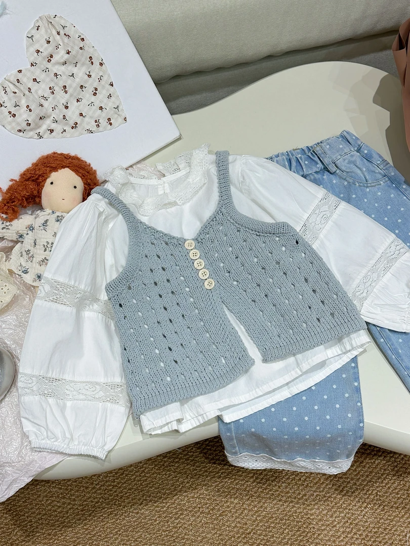 【橘子家】现货~女童春装针织马甲娃娃衫波点牛仔裤韩版HS61138