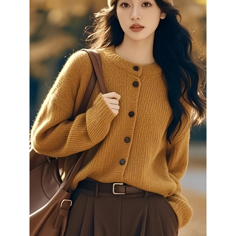 独特超好看深秋初冬穿搭棕色毛衣外套女2024新款爆款秋冬季
