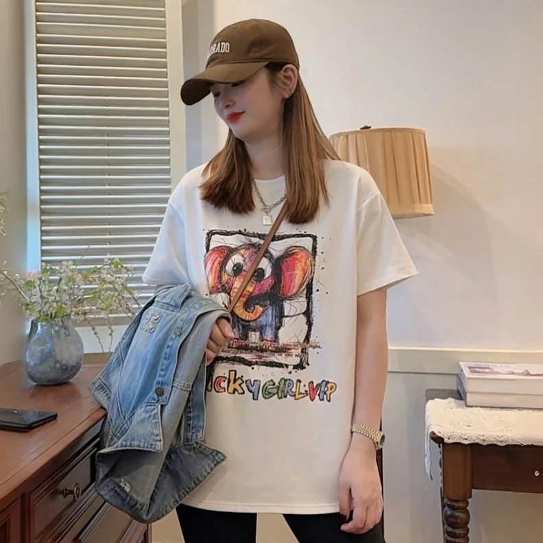 【彩虹象】2025春季欧系新款时尚宽松圆领小象印花休闲百搭短袖T