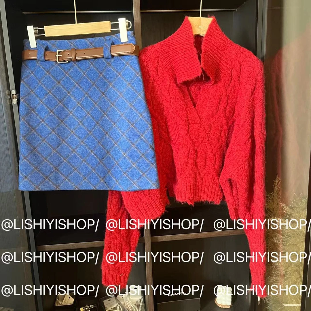 【李十一LISHIYI】秋冬菱格纹显瘦百搭半身裙（带腰带）23496