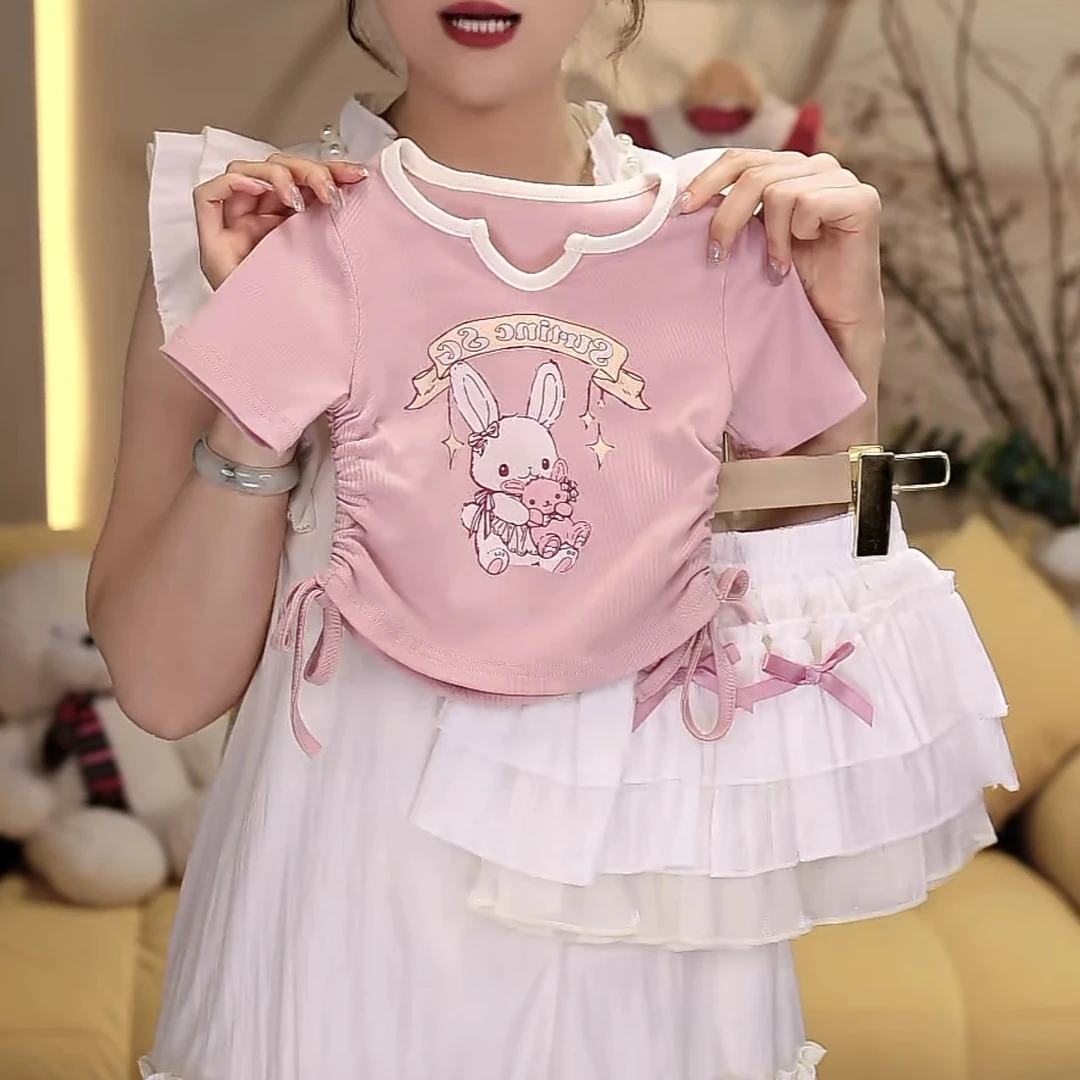 夏季女时尚短袖T恤裙子套装百搭圆领印花女童甜美兔子卡通两件套