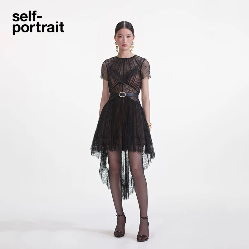 self-portrait 经典黑波嬉风高级感不规则蕾丝网纱连衣裙