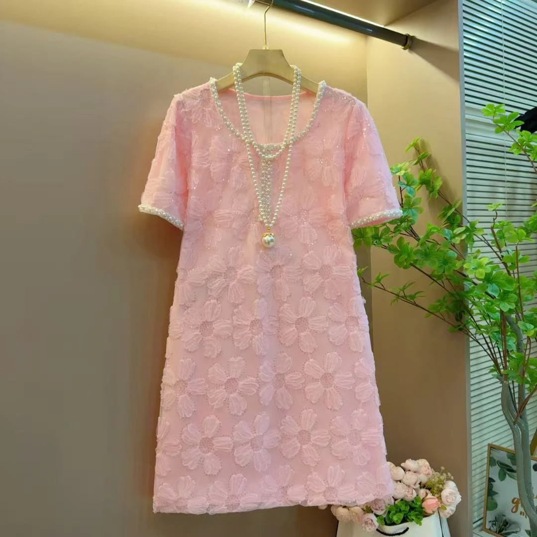 夏季新款重工钉珠圆领立体花朵气质轻奢显瘦时尚连衣裙（长86左右