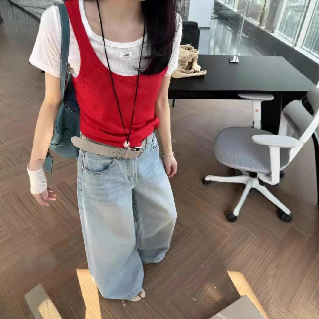 灰灰呀！6631 egg贴标 韩代复古设计感背心+圆领T恤假两件T恤