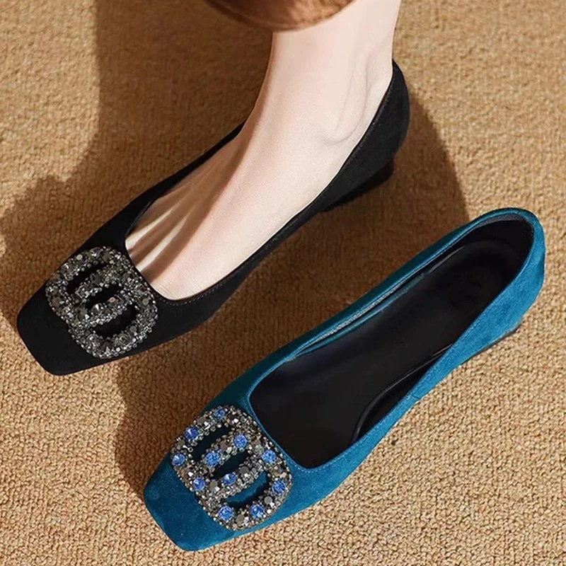 羊皮断码清仓真皮磨砂方头单鞋女新款水钻气质百搭黑色高跟鞋粗跟