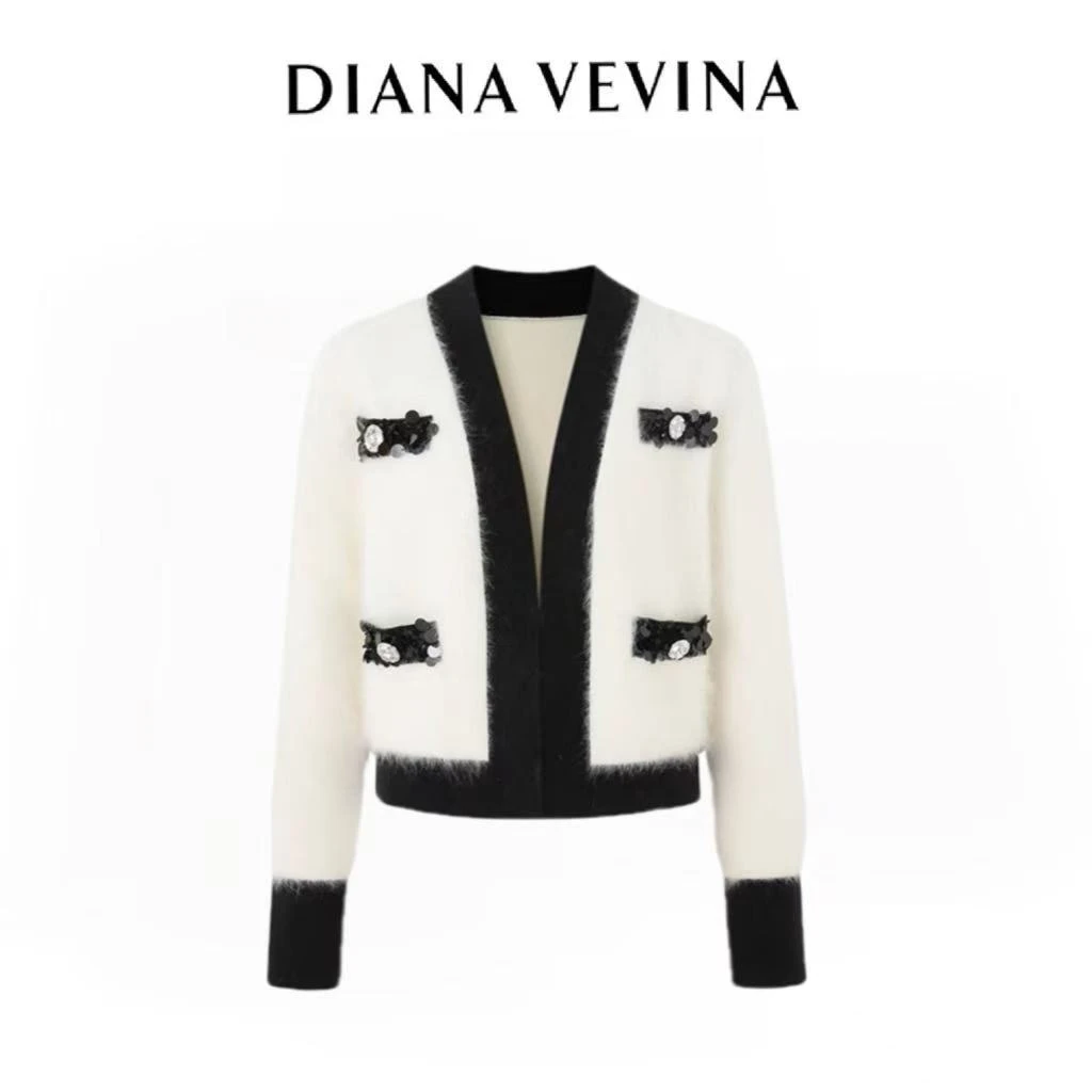 DIANA VEVINA钉珠撞黑边开衫