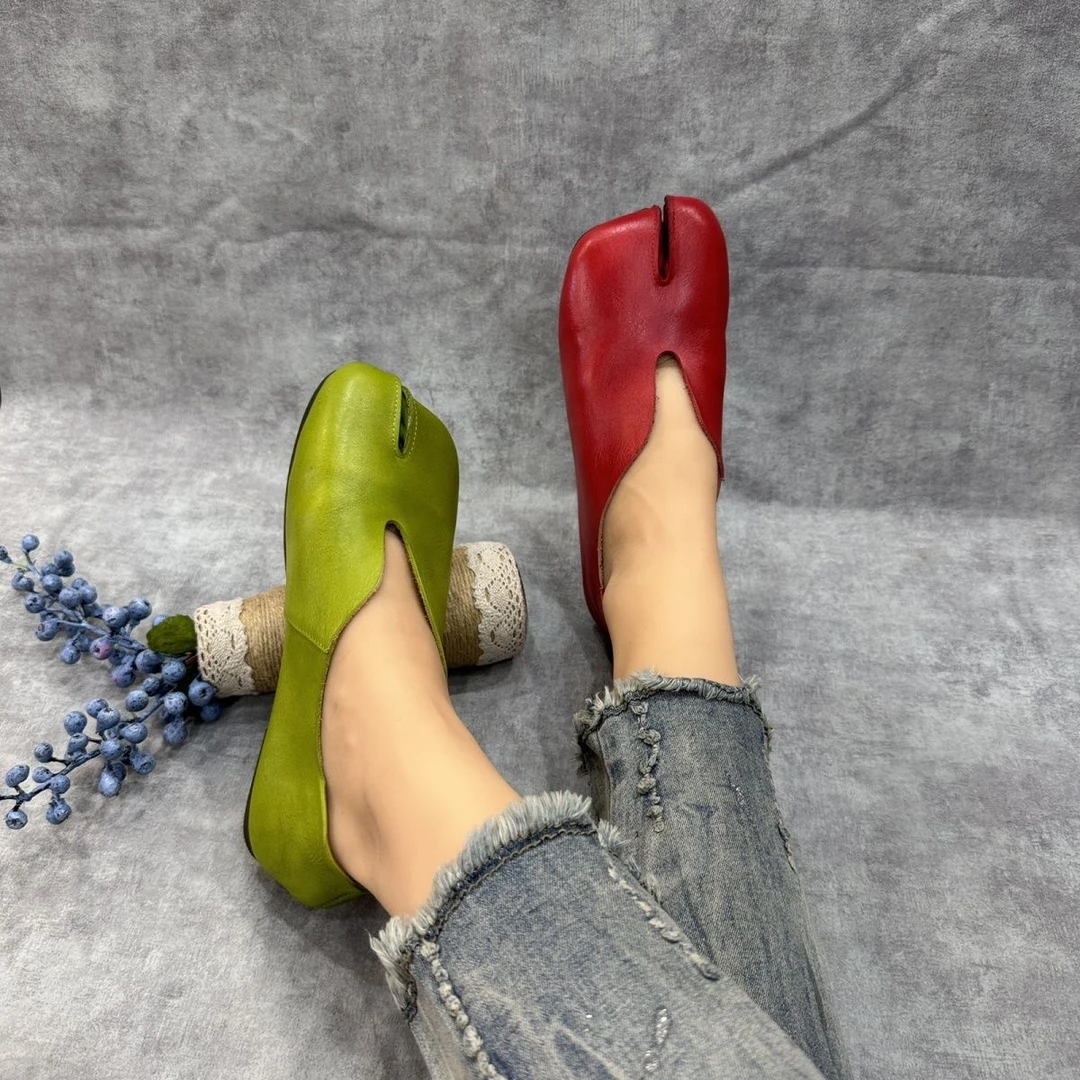 原创手工广州头层牛皮分趾单鞋女复古风浅口平底糖果软底舒适百搭