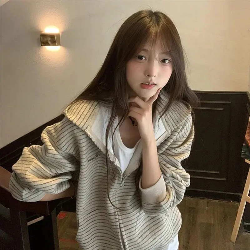 美式复古条纹连帽卫衣女2025秋冬新款设计感小众宽松开衫外套帽衫