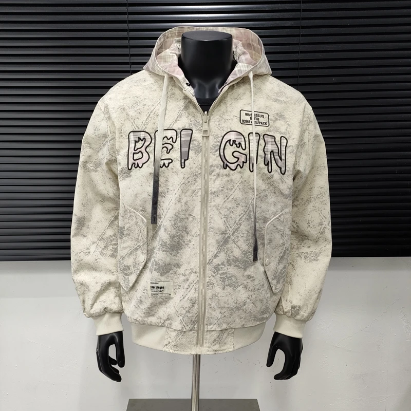 2025春秋新款潮牌痞帅街头夹克男宽松休闲双面穿连帽外套字母刺绣