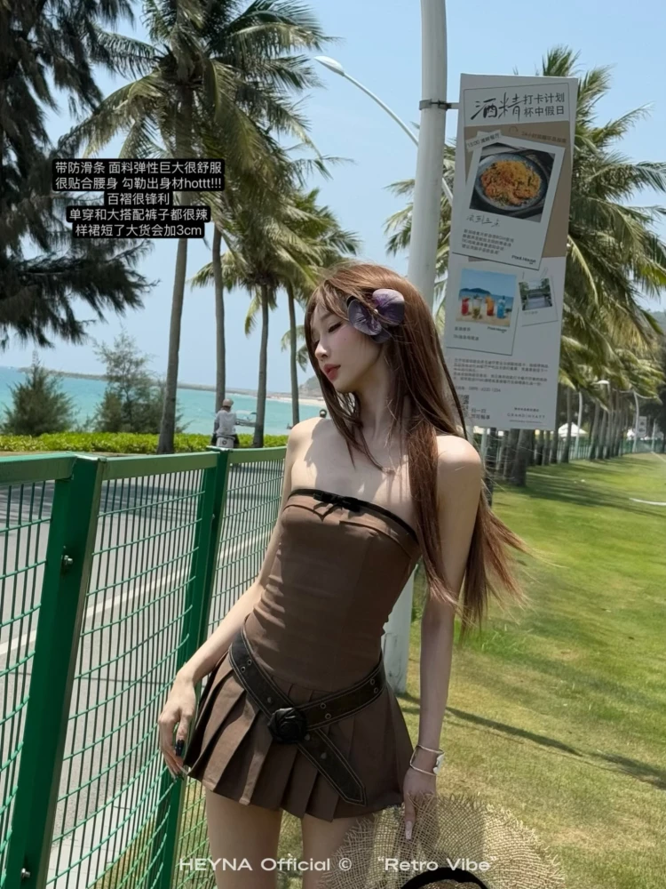 慕拾里MSL 甜心可露丽 辣妹千禧咖拼丝绒蝴蝶结抹胸百褶连衣裙女