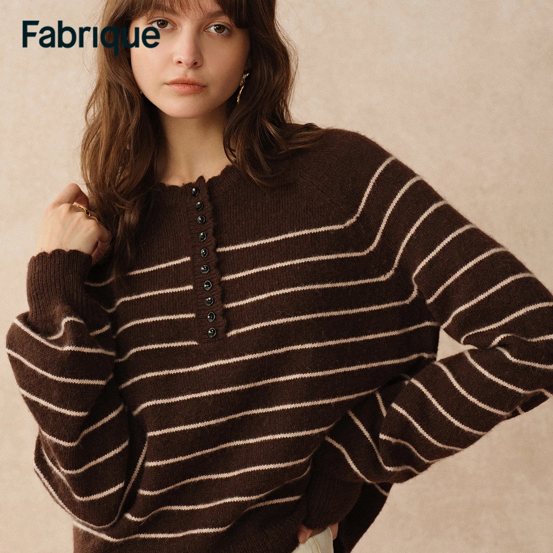 Fabrique Rhea 秋冬航海风条纹绵羊毛羊驼毛亨利领针织毛衣