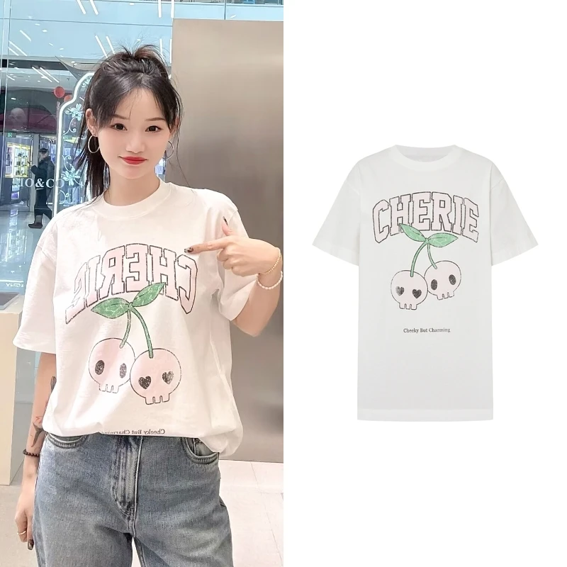 【M】短袖T恤2025年春季新品趣味斑驳骷髅头车厘子印花白色T恤Z5149