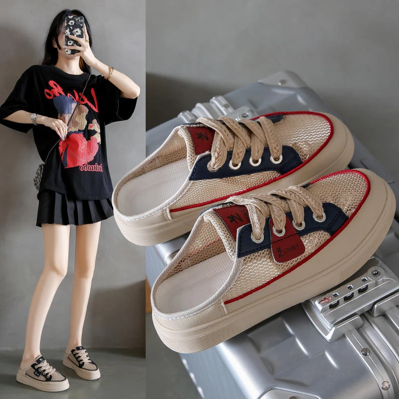 夏季新款ins韩版透网镂空小白鞋百搭休闲半拖女鞋透气