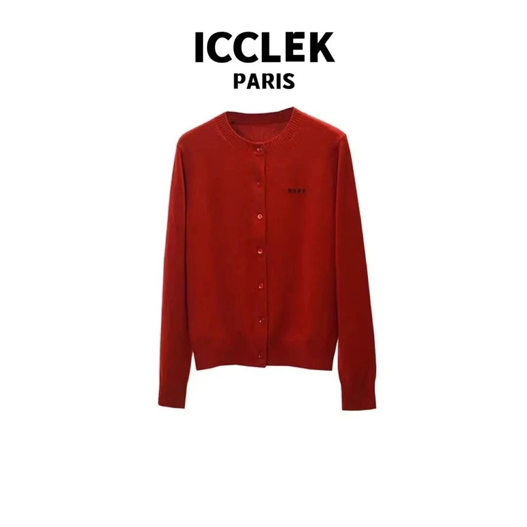 经典安可拉红圆领长袖针织衫秋冬开衫时尚百搭简约女装外套- 3316