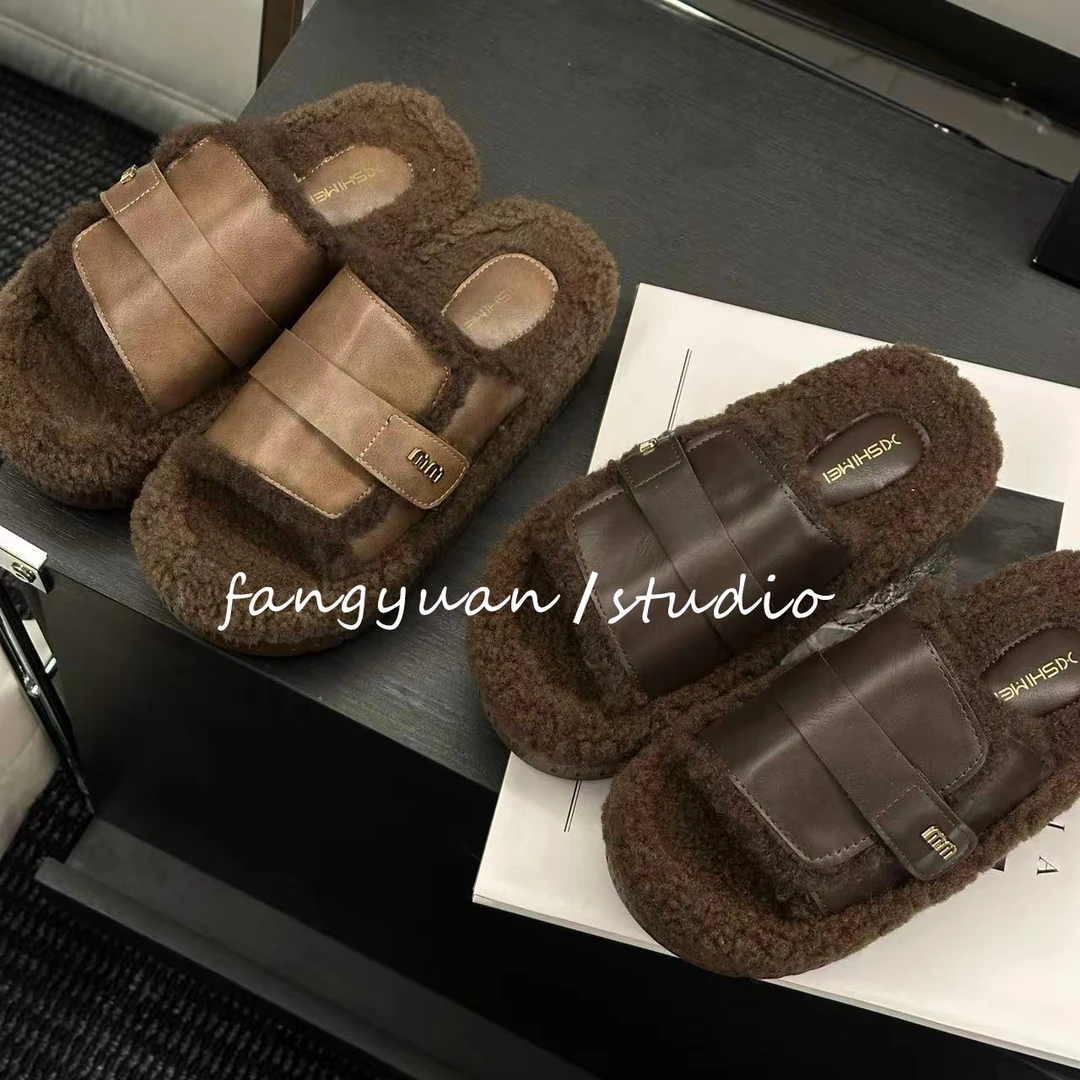厚底增高小个子必入皮带装饰秋季法式一字拖外穿韩版毛毛女鞋