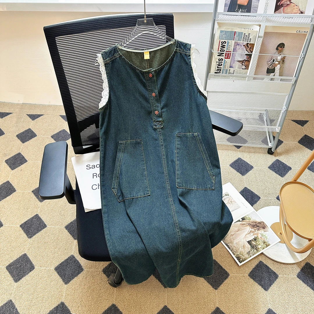 拼接休闲夏季法式复古牛仔连衣裙无袖直筒纯色背带裙不褪色洋气