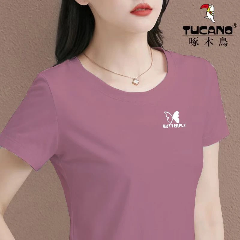 啄木鸟正品2025年夏季妈妈装女上衣新款洋气显瘦圆领T恤爆款短袖
