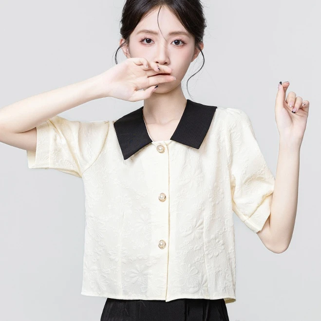 杏色法式短袖衬衫女夏2025新款翻领小香风泡泡袖衬衣正肩短款上衣