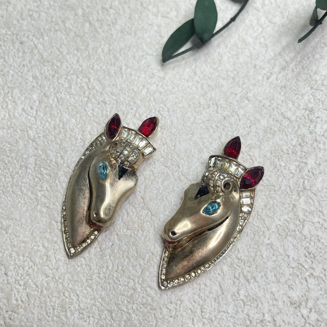 铜合金合成锆石胸针 【六六中古】孤品复古双夹胸针th5307