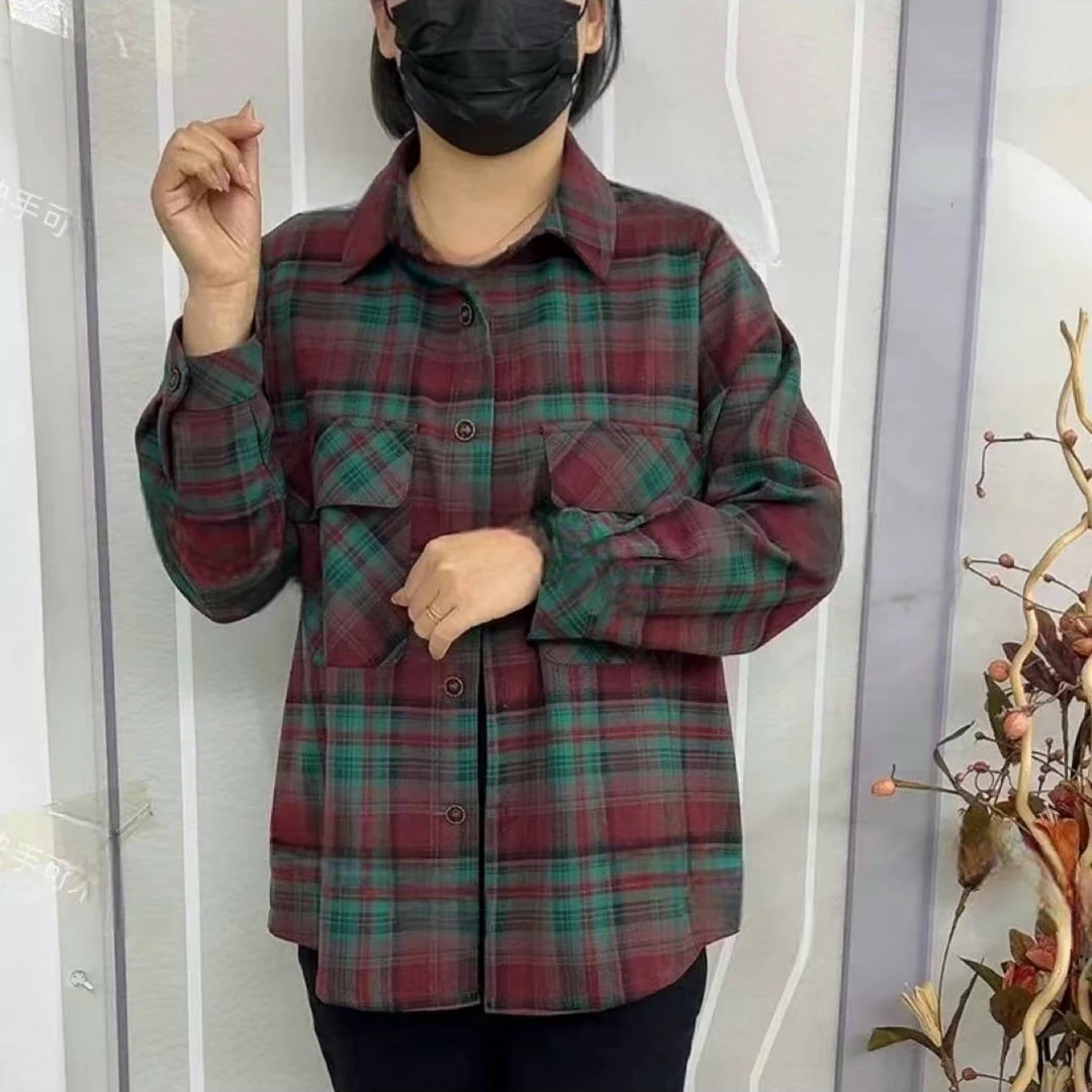 高档春夏宽松翻领格子衬衫休闲百搭衬衣外套