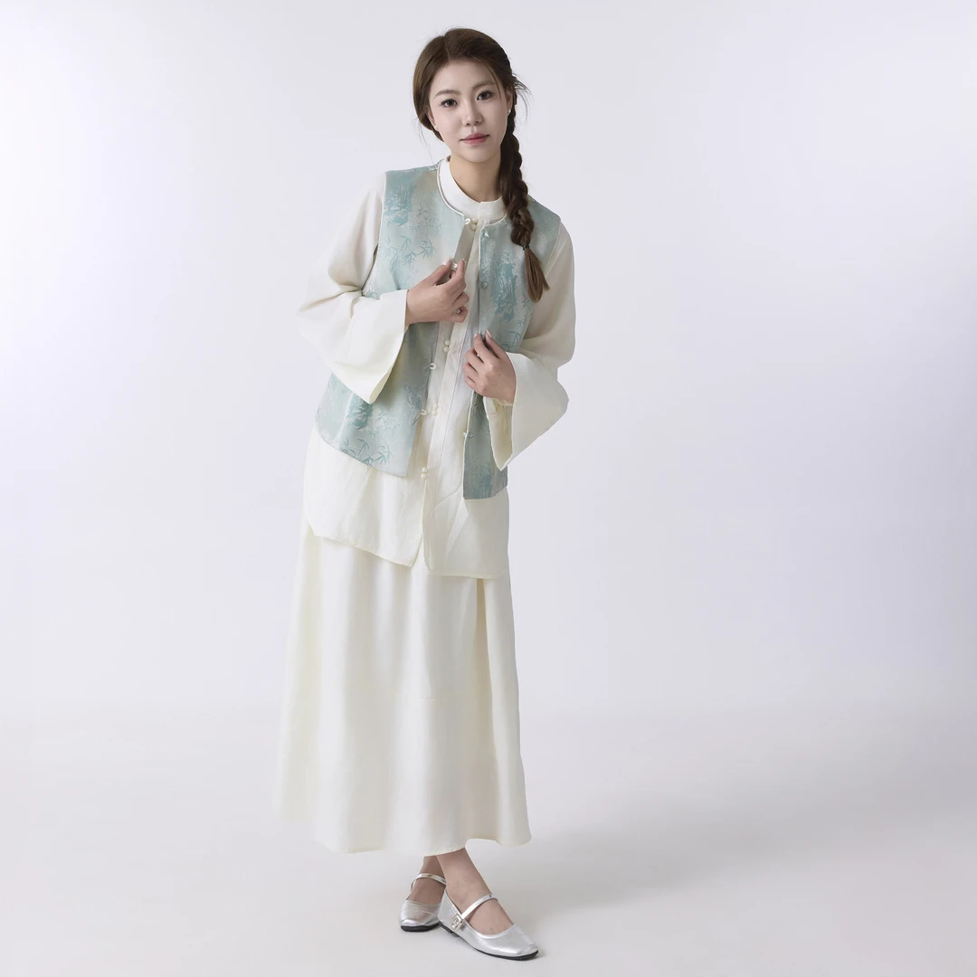 新中式国风女装缎面蓝色马甲女春秋外穿提花盘扣复古圆领高级马夹