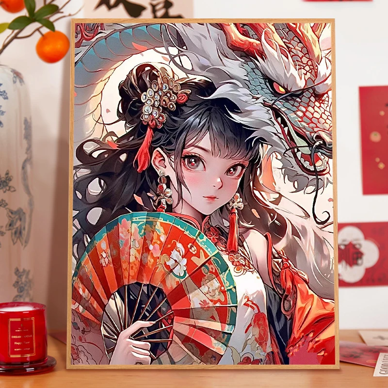diy数字油画国潮龙女INS风手绘手工油彩画丙烯填充减压家居装饰画