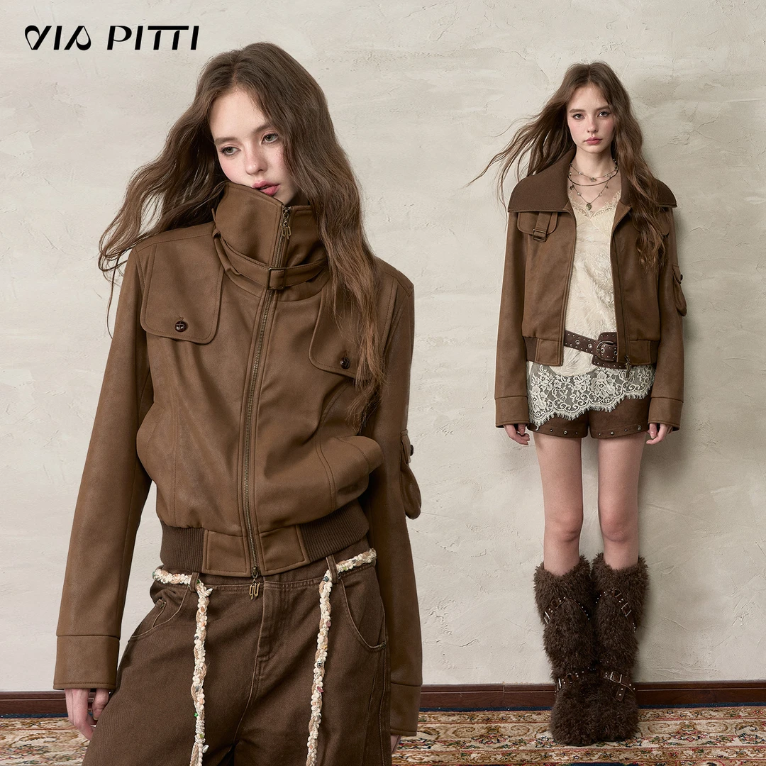 ViaPitti【官方专属】重工拼接加绒皮衣外套VIACC520