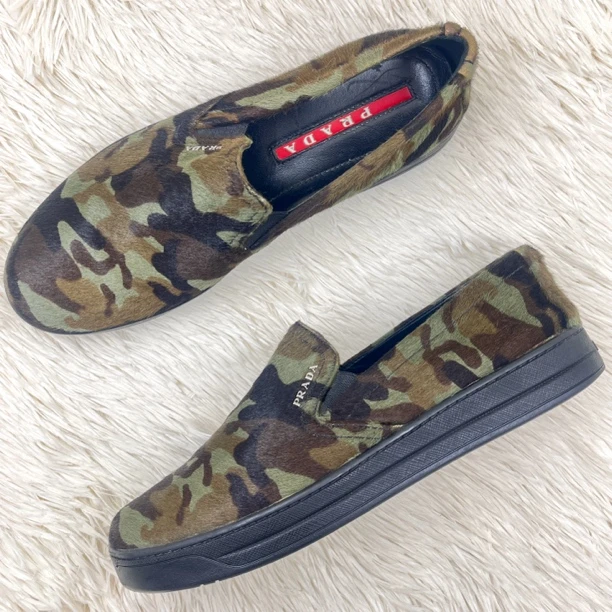 99新 Prada/普拉达 迷彩马海毛一脚蹬 38码 公价5k j2017