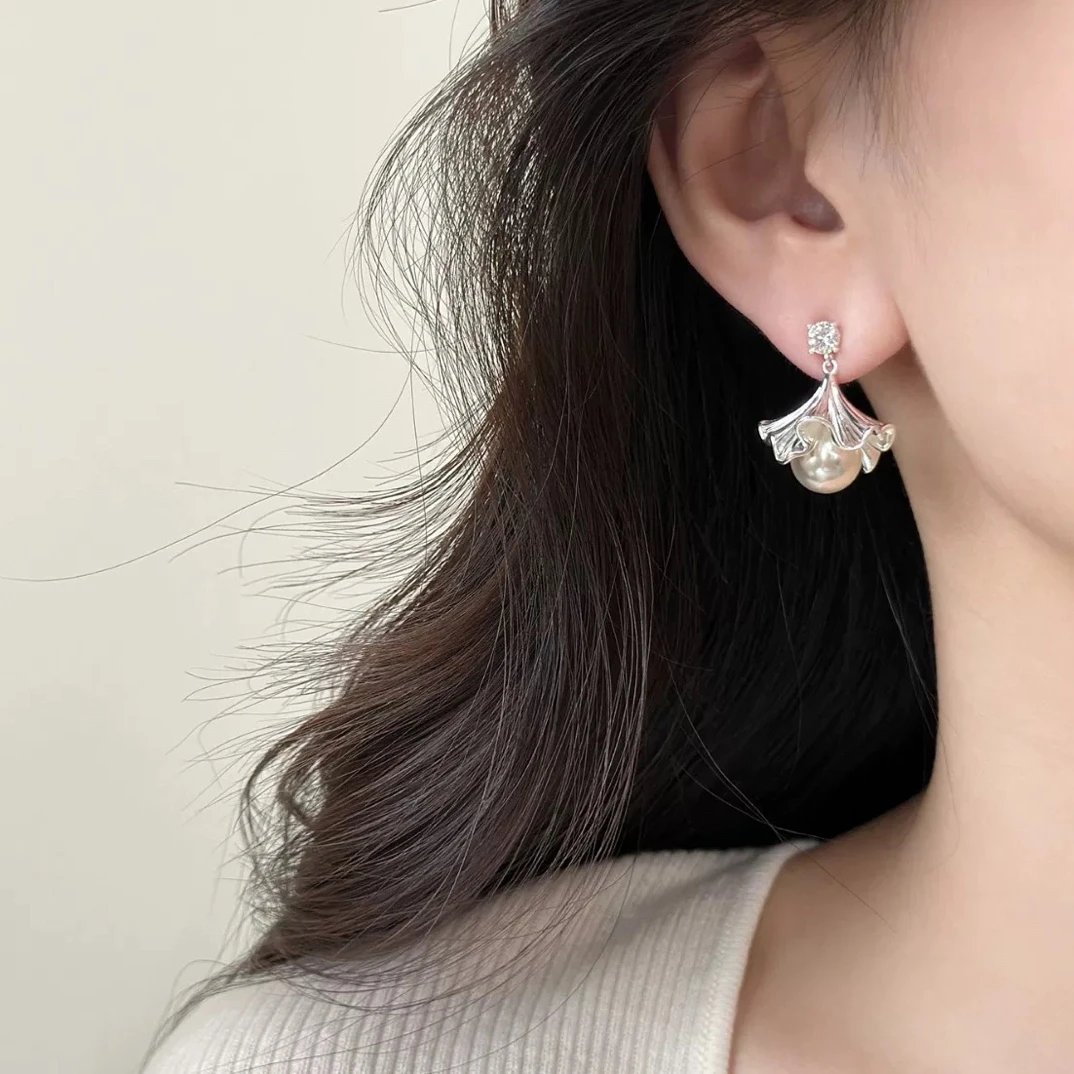 纯铜耳饰 扇形银杏叶流苏珍珠耳环女时尚轻奢高级感小众无痛耳夹