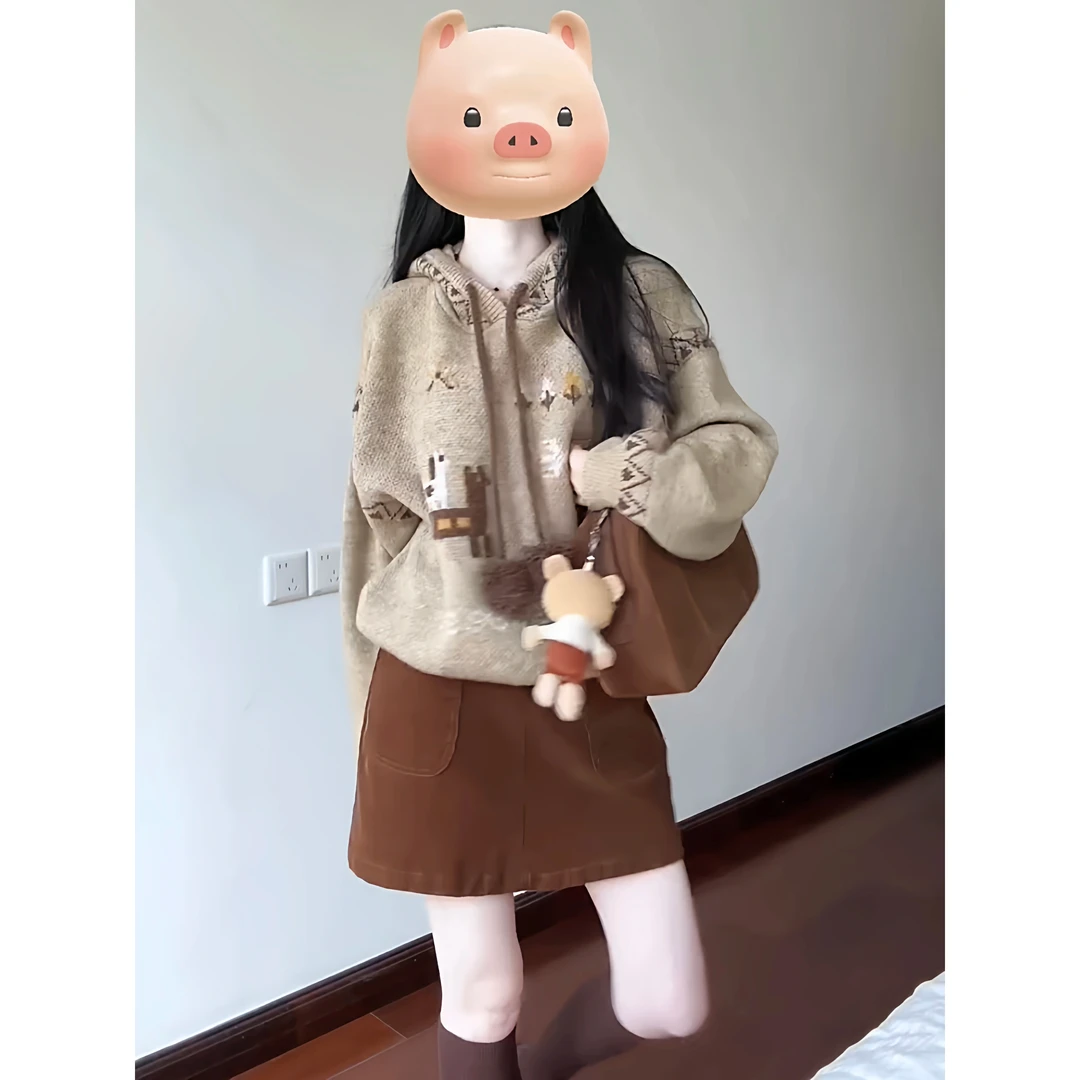 韩系慵懒风软糯毛衣女秋冬新款宽松显瘦针织衫上衣半身裙套装