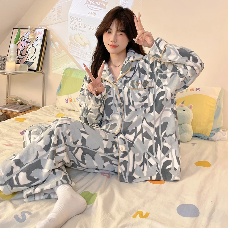 珊瑚绒睡衣女秋冬季加绒加厚2024新款爆款高级灰可外穿家居服套装