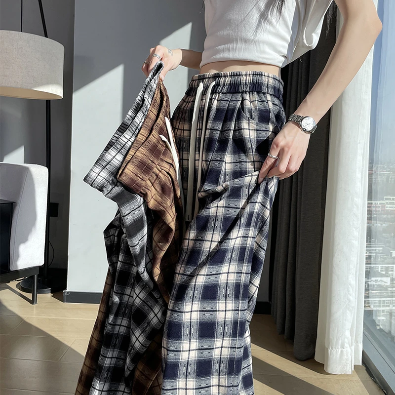 大码显瘦拖地窄版阔腿裤女夏季薄款冰丝格子高腰垂感2025新款高级
