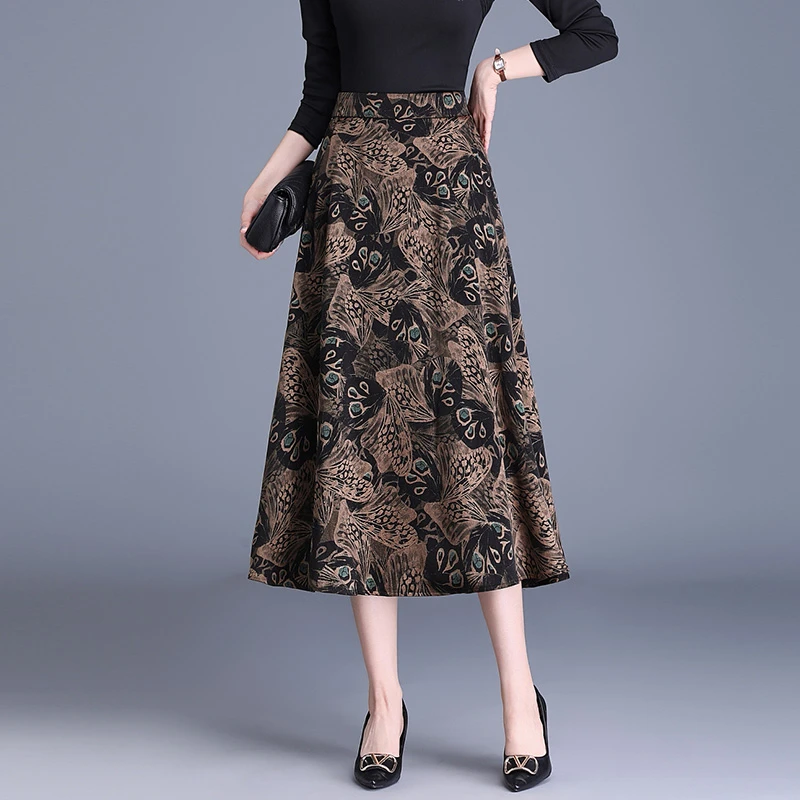 复古印花半身裙女2025新款春秋a字大摆裙中长款显瘦高腰百褶裙子