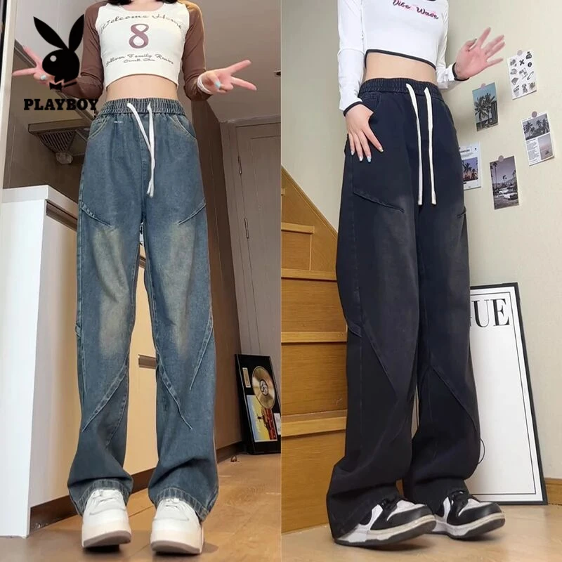 花花公子美式褶皱牛仔裤男女同款百搭复古高街宽松直筒裤休闲潮流