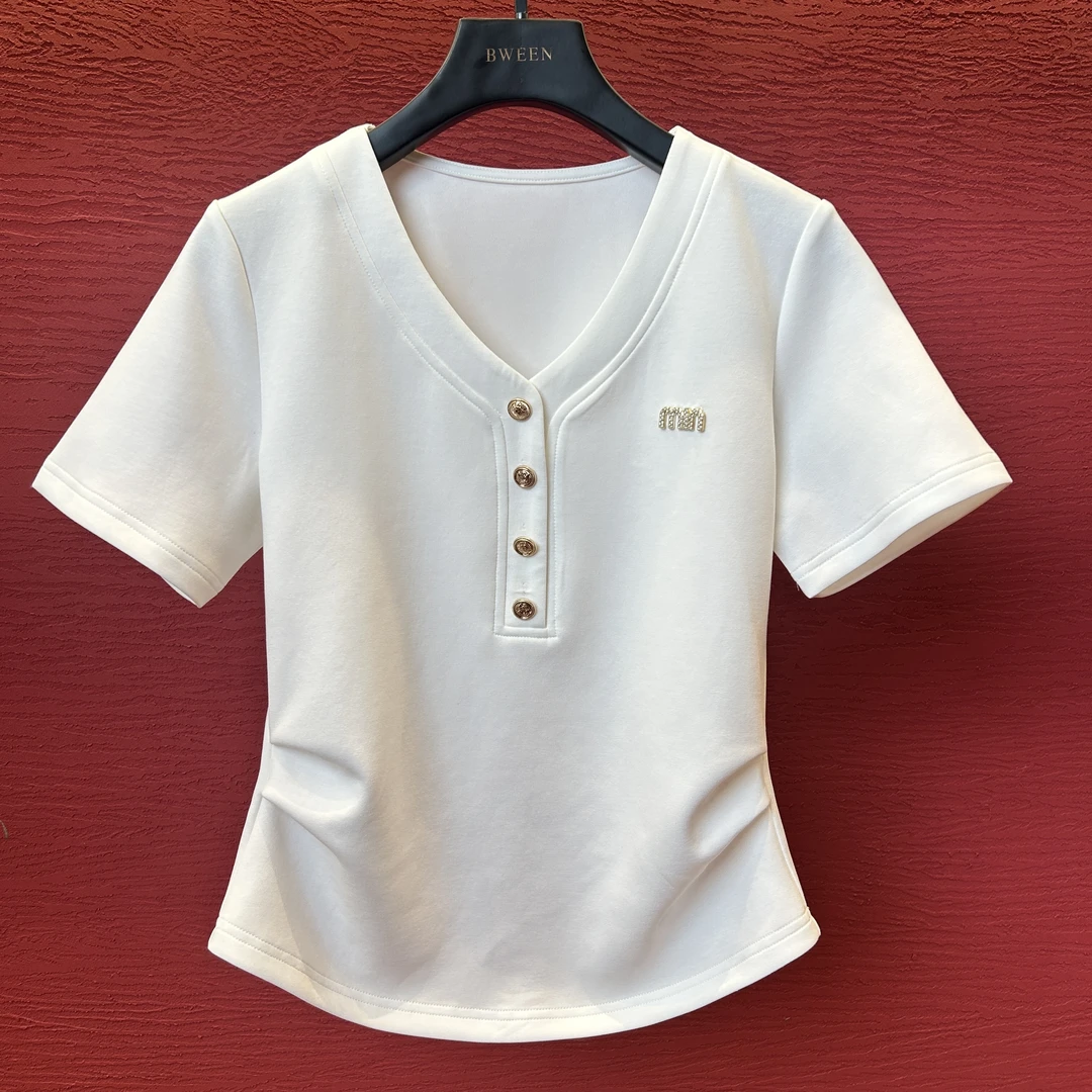 【min家V领】25年夏季V领时尚半袖显瘦短袖T恤